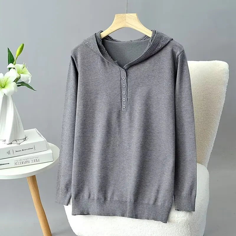 Plus Size Hooded Knit Pullover Sweater – Embossed Crochet Loose Fit for Spring & Autumn