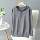 Plus Size Hooded Knit Pullover Sweater – Embossed Crochet Loose Fit for Spring & Autumn