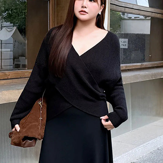 Plus Size XXXL Women's Soft Knit V-Neck Sweater - Fairy Cross Design Autumn/Winter Pullover