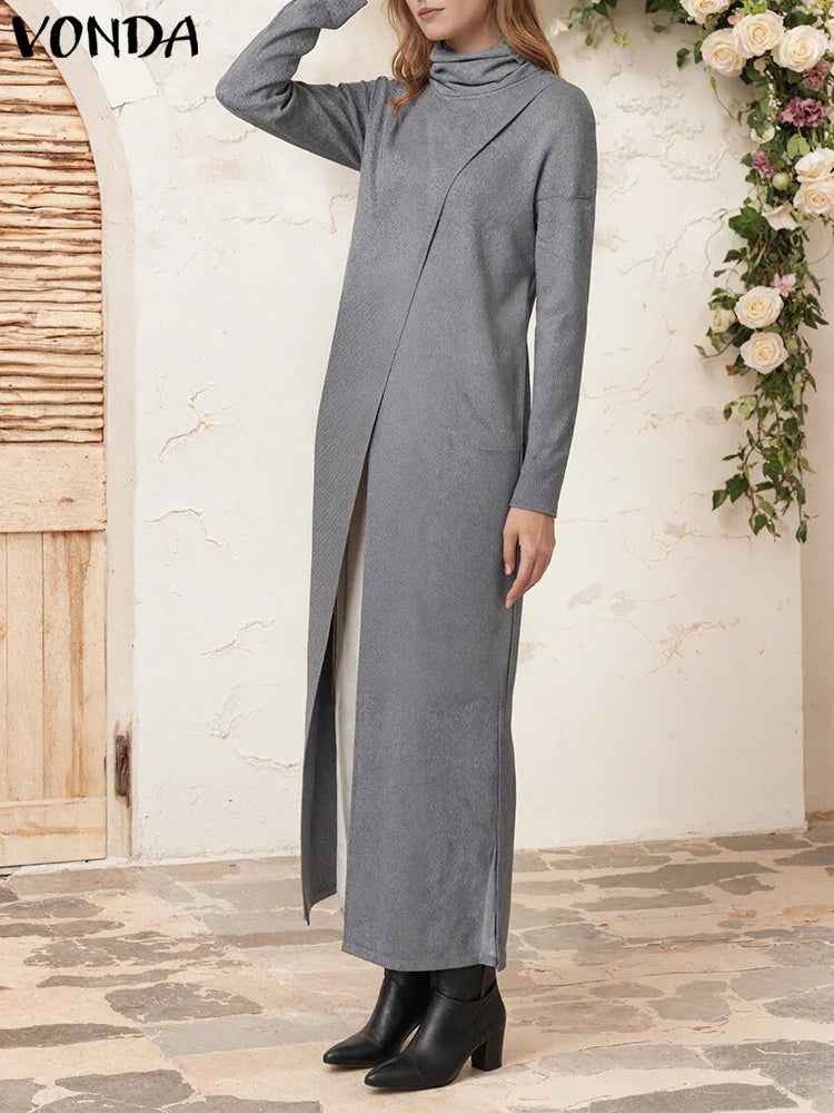 Women's Turtleneck Calf-Length Sweater Dress - Split Hem Patchwork Knit, Long Sleeve Casual Pullover, Plus Size to 5XL