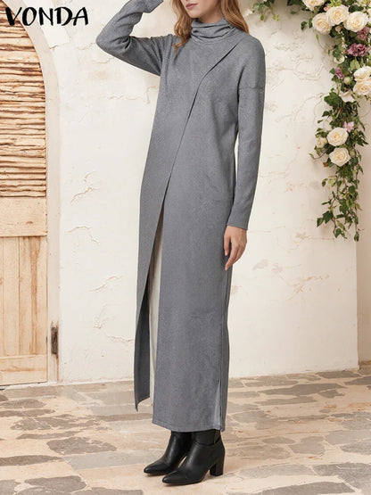 Women's Turtleneck Calf-Length Sweater Dress - Split Hem Patchwork Knit, Long Sleeve Casual Pullover, Plus Size to 5XL