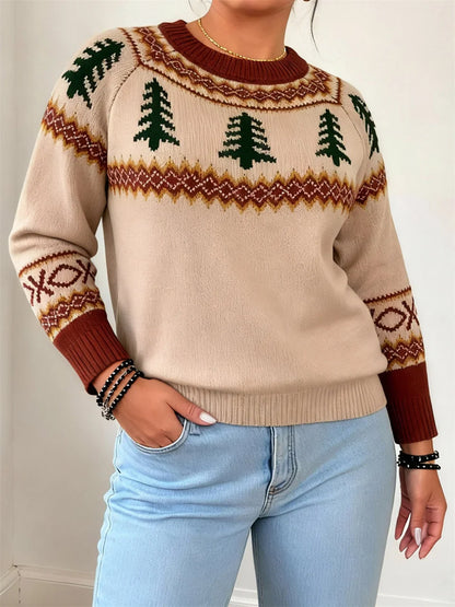 Plus Size Women's Crew Neck Pullover Sweater - Loose Knit Autumn Winter Christmas Top