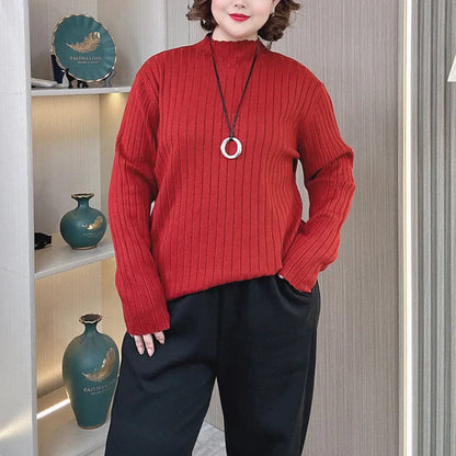 Plus Size Mock Neck Knit Sweater - Slim Fit Casual Pullover for Women, Autumn/Winter