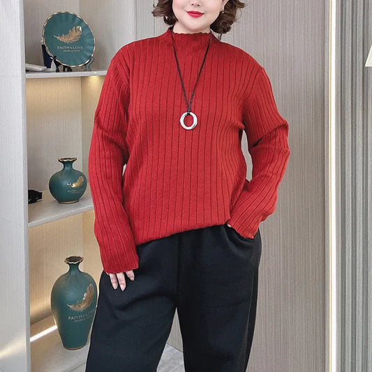 Plus Size Mock Neck Knit Sweater - Slim Fit Casual Pullover for Women, Autumn/Winter