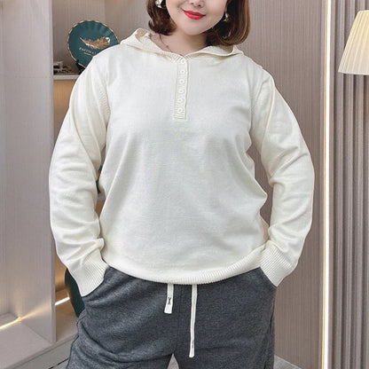 Plus Size Hooded Knit Pullover Sweater – Embossed Crochet Loose Fit for Spring & Autumn