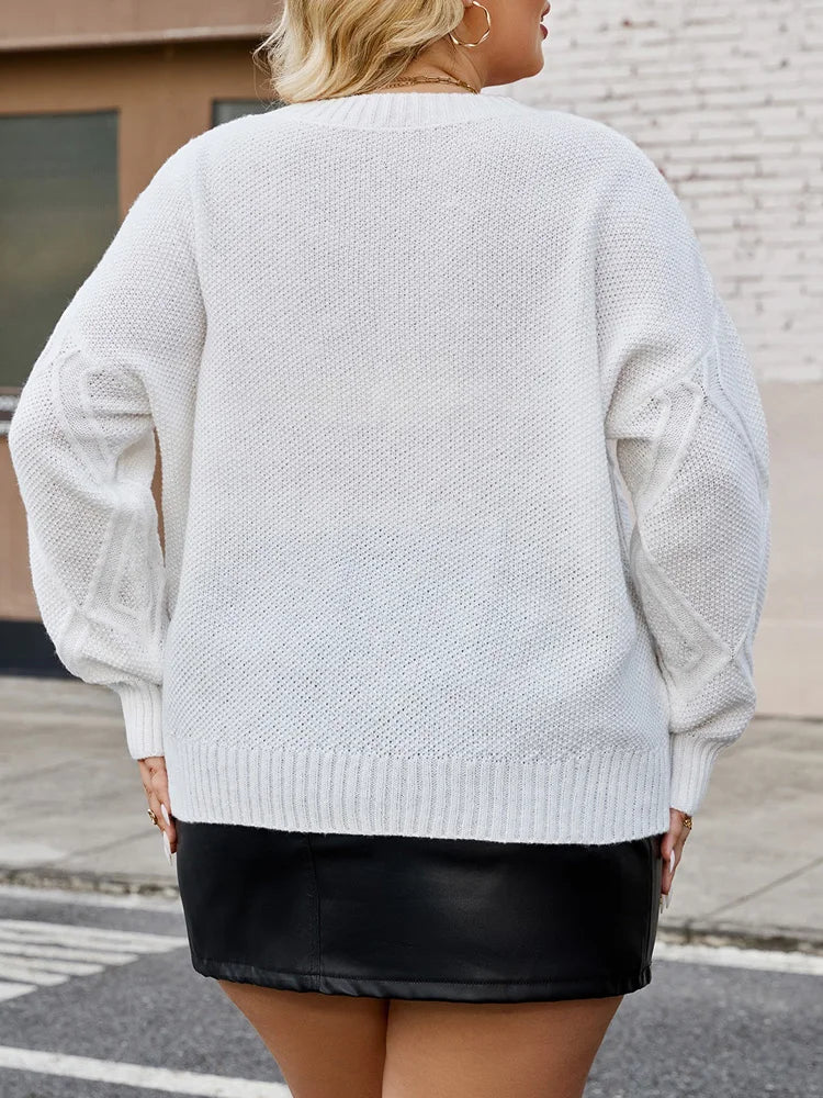 Plus Size O-Neck Loose Knit Pullover Sweater - Long Sleeve Argyle Casual Jumper (Black/White)