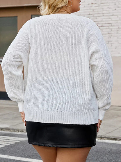 Plus Size O-Neck Loose Knit Pullover Sweater - Long Sleeve Argyle Casual Jumper (Black/White)