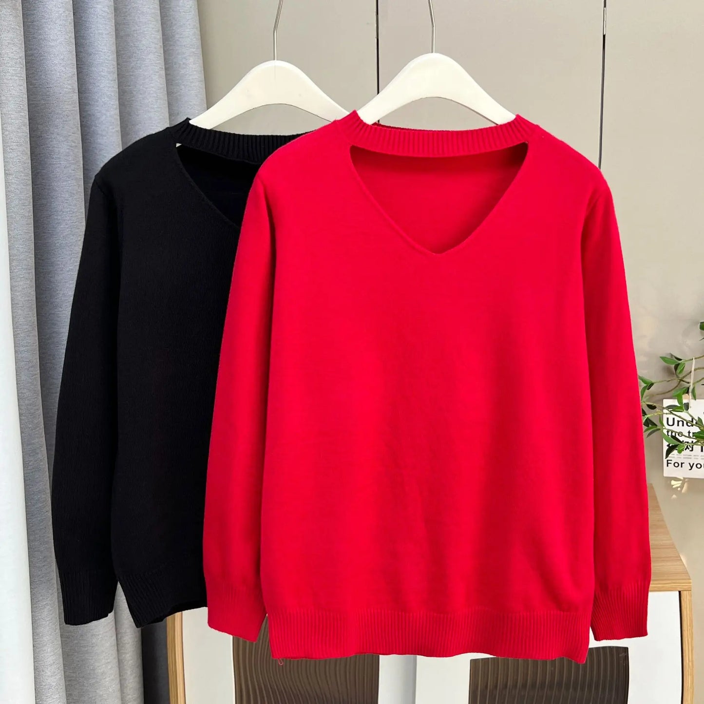 Plus Size V-Neck Hollow Knit Sweater Women's Autumn Casual Pullover