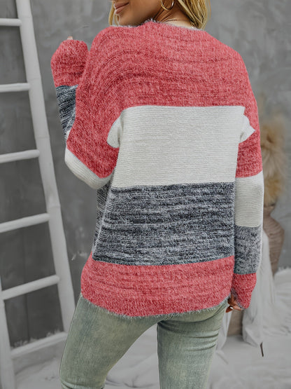 Plus-Size Drop Shoulder Striped Pullover Sweater - Stretchy Oversized Knit Long Sleeve Crew Neck for Fall Winter