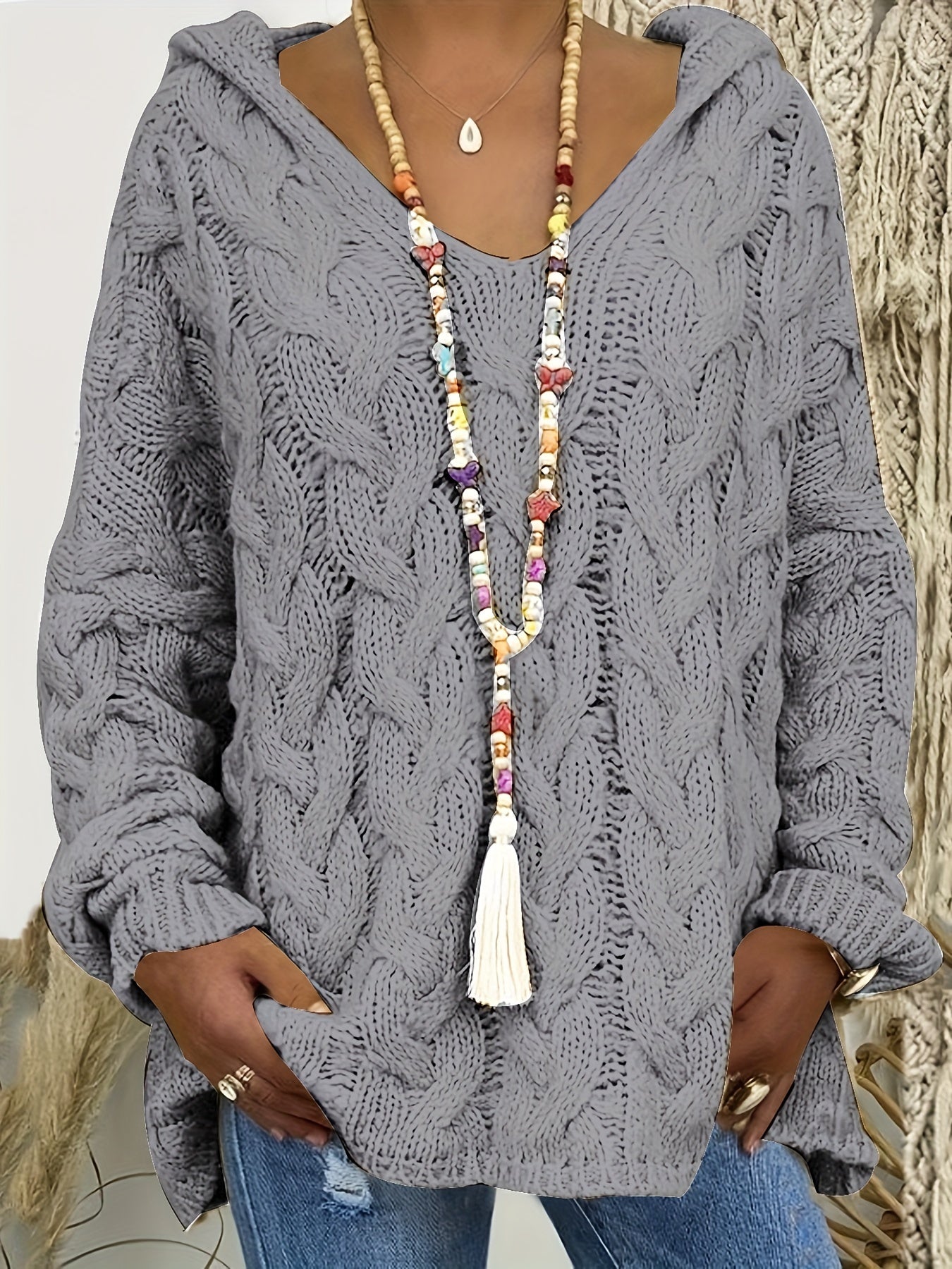 Plus Size Hooded V-Neck Knit Pullover Sweater — Long Sleeve Solid Casual Top