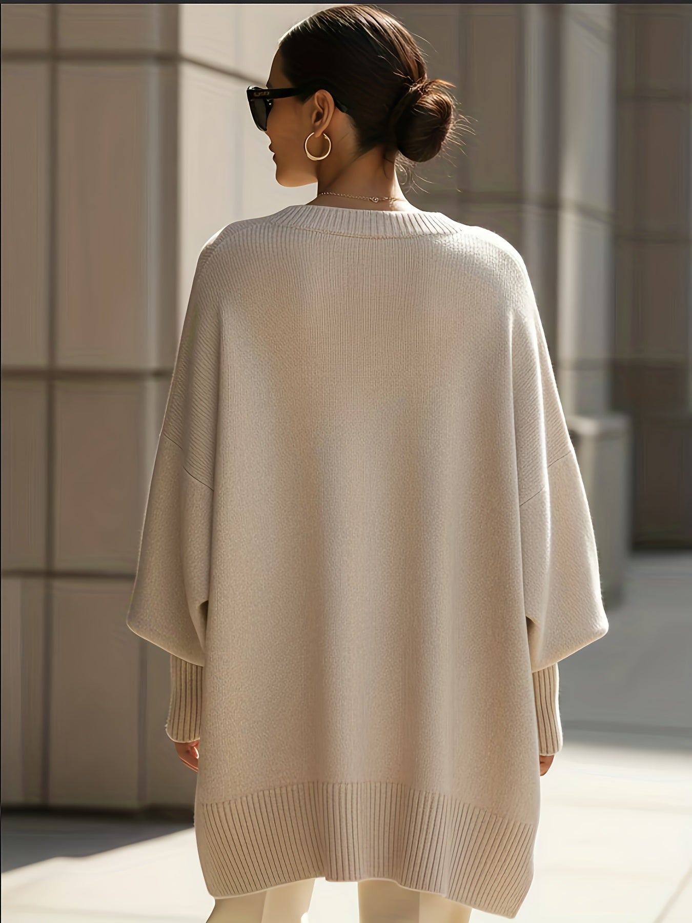 Women's Thick Longline Crewneck Sweater - Soft Loose-Fit Acrylic Blend Pullover in Neutral Tones for Fall/Winter, Office & Casual