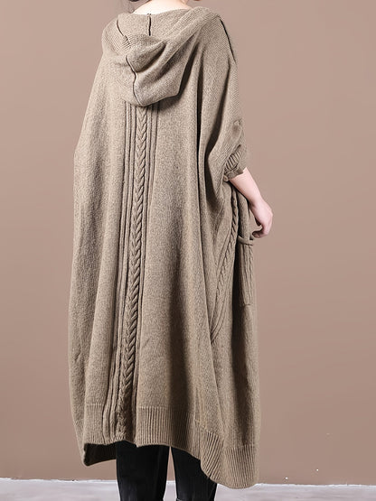 Women's Plus Size Hooded Cardigan, Long Cozy Knit Sweater with Double Pockets, Loose Fit - Solid Color, Fall/Winter
