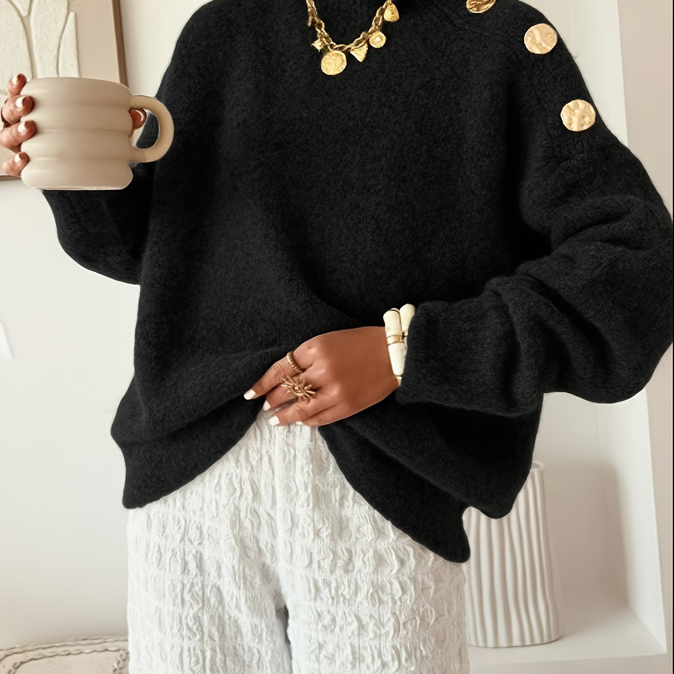 Plus Size Women's Elegant Button-Front Sweater, Soft Long Sleeve High Neck Knit Pullover for Office & Everyday