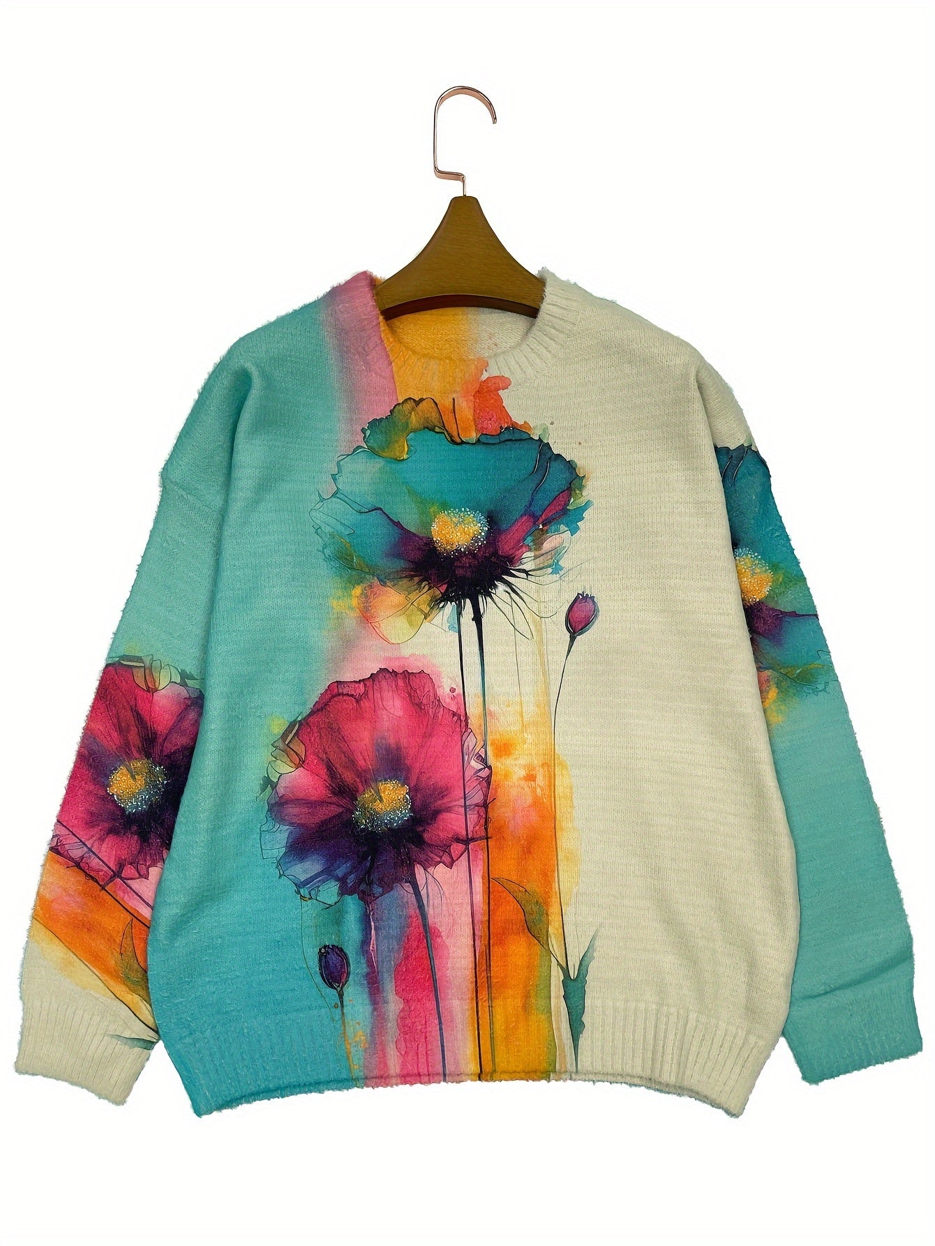 Plus Size Heavyweight Floral Crewneck Sweater — Thick Oversized Winter Pullover (Multi-Color)