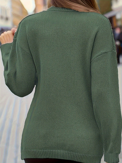 Plus Size Cable Knit Wrap V-Neck Sweater, Drop Shoulder Long Sleeve Pullover