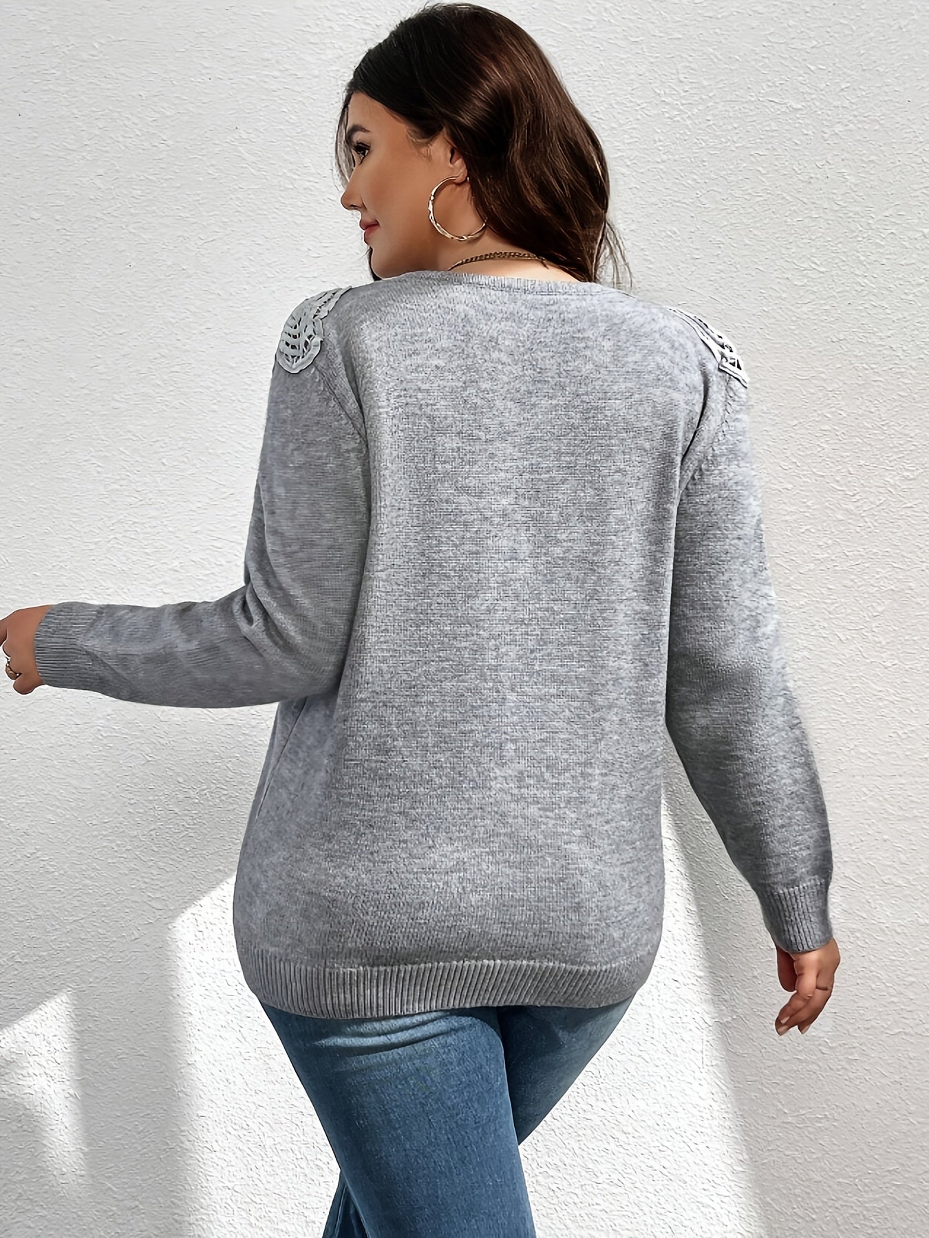 Plus Size V-Neck Heart Sweater – Lace Trim Embroidered Knit, Long Sleeve, Stretch Polyester, Machine Washable