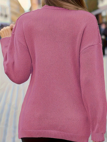 Plus Size Cable Knit Wrap V-Neck Sweater, Drop Shoulder Long Sleeve Pullover