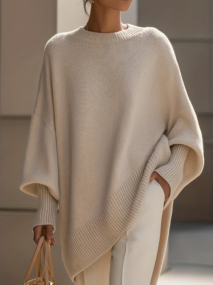 Women's Thick Longline Crewneck Sweater - Soft Loose-Fit Acrylic Blend Pullover in Neutral Tones for Fall/Winter, Office & Casual