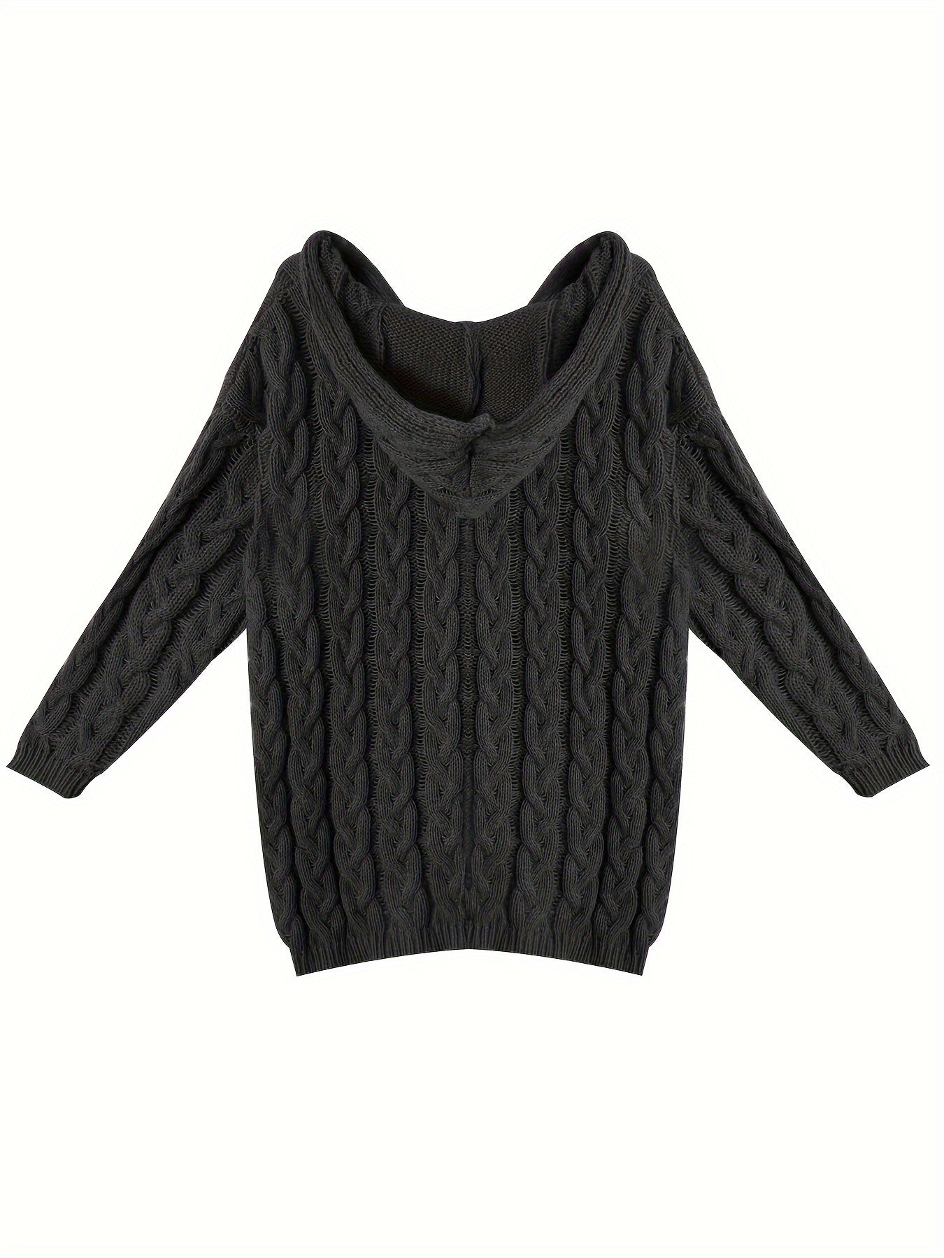 Plus Size Hooded V-Neck Knit Pullover Sweater — Long Sleeve Solid Casual Top