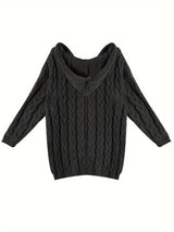 Plus Size Hooded V-Neck Knit Pullover Sweater — Long Sleeve Solid Casual Top