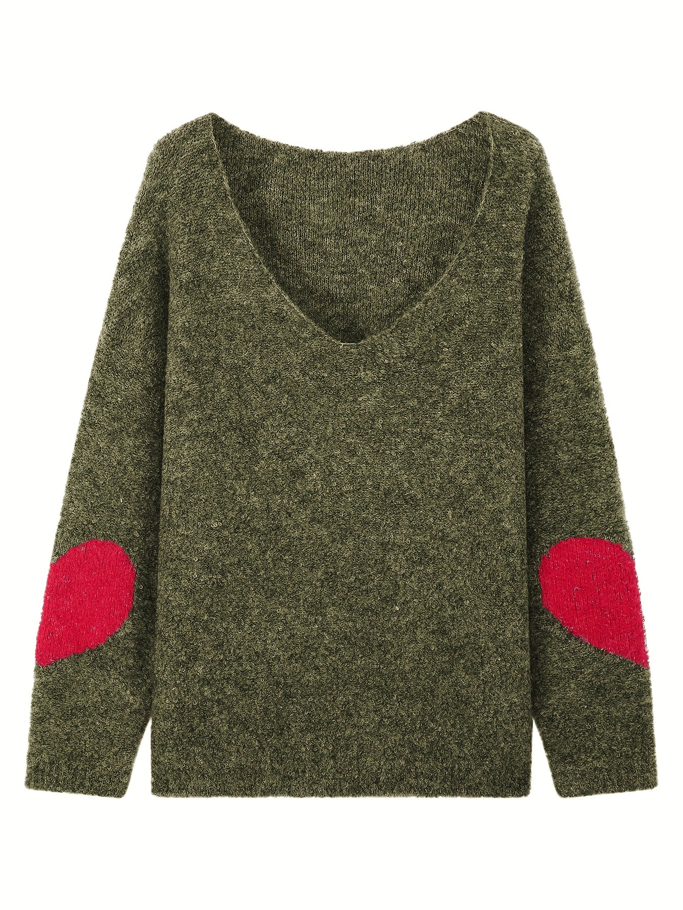 Plus Size V-Neck Heart-Pattern Pullover Sweater – Loose Oversized Knit for Fall/Winter