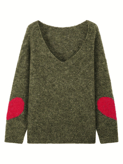 Plus Size V-Neck Heart-Pattern Pullover Sweater – Loose Oversized Knit for Fall/Winter