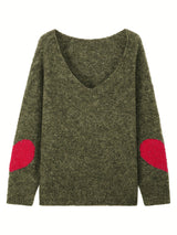 Plus Size V-Neck Heart-Pattern Pullover Sweater – Loose Oversized Knit for Fall/Winter