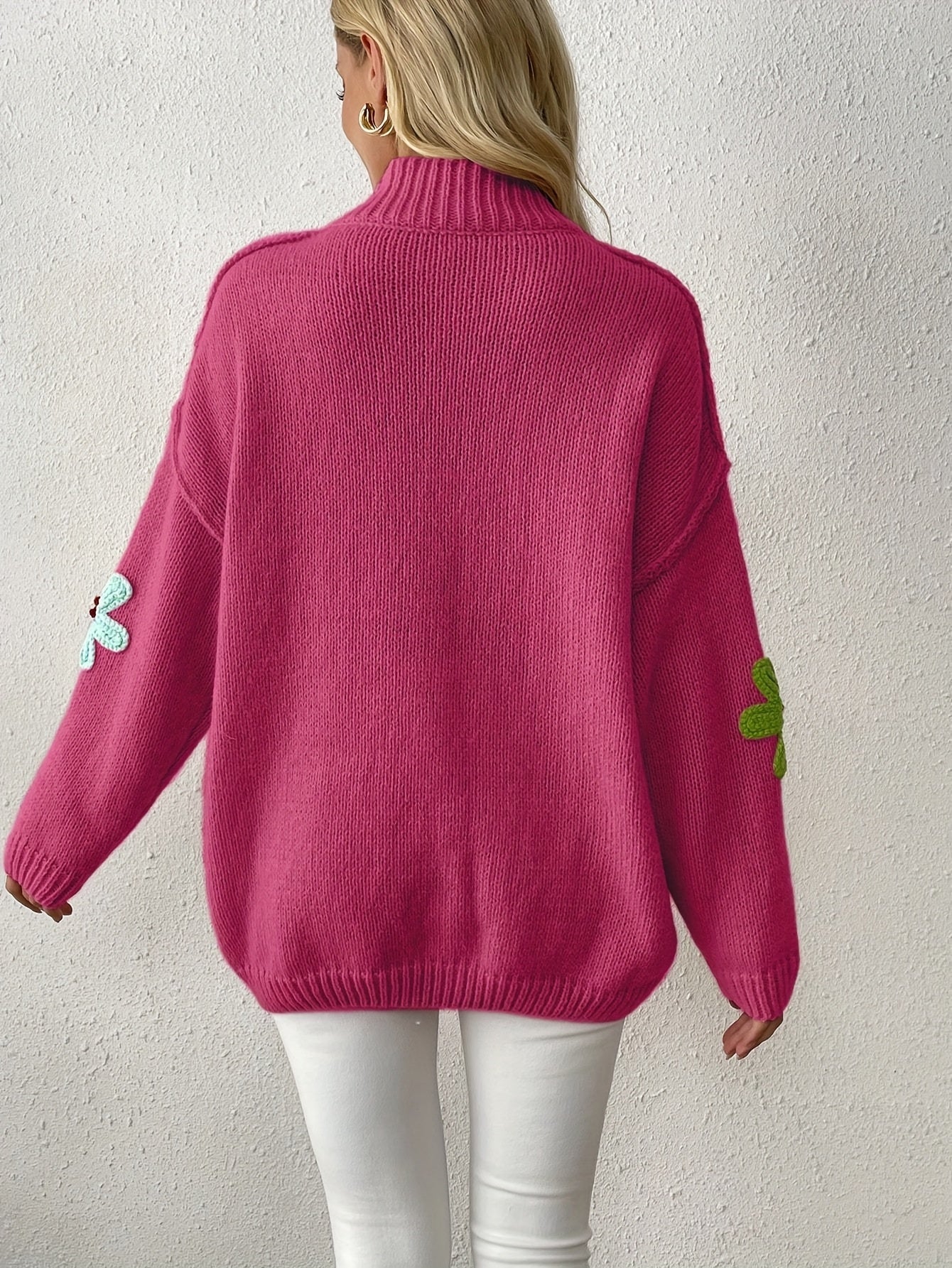 Plus Size Floral Applique Knit Sweater – Women's Long Sleeve High Neck Pullover for Fall & Winter