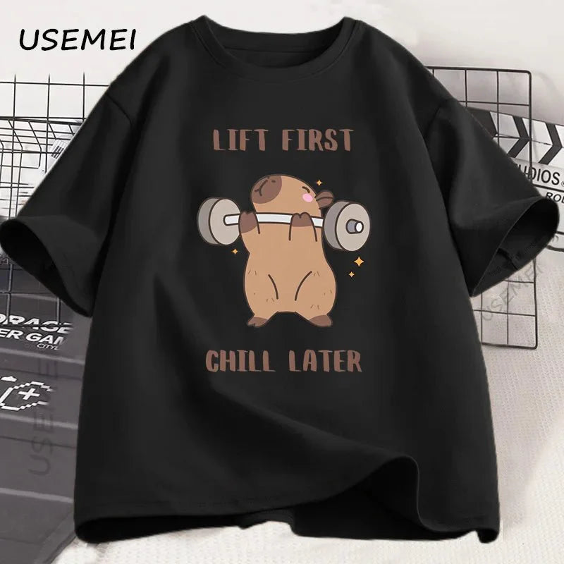 Capybara Gym T-Shirt Men Women Sports Weightlifting Tee Workout Fitness T Shirt Top Unisex Softstyle Loose Cotton Tshirt Clothes