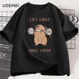 Capybara Gym T-Shirt Men Women Sports Weightlifting Tee Workout Fitness T Shirt Top Unisex Softstyle Loose Cotton Tshirt Clothes