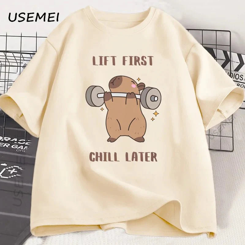 Capybara Gym T-Shirt Men Women Sports Weightlifting Tee Workout Fitness T Shirt Top Unisex Softstyle Loose Cotton Tshirt Clothes