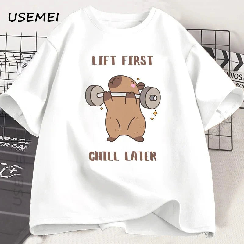 Capybara Gym T-Shirt Men Women Sports Weightlifting Tee Workout Fitness T Shirt Top Unisex Softstyle Loose Cotton Tshirt Clothes