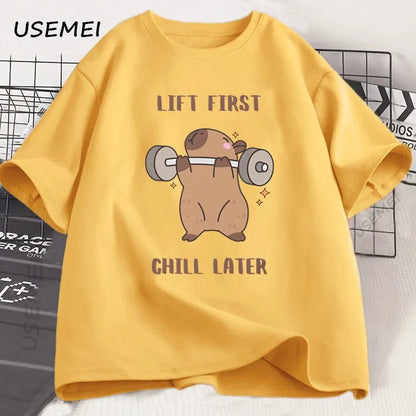 Capybara Gym T-Shirt Men Women Sports Weightlifting Tee Workout Fitness T Shirt Top Unisex Softstyle Loose Cotton Tshirt Clothes