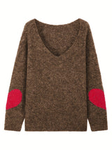 Plus Size V-Neck Heart-Pattern Pullover Sweater – Loose Oversized Knit for Fall/Winter
