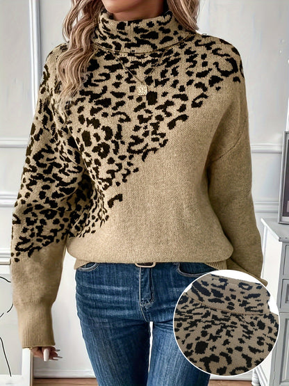 Plus Size Leopard Print Sweater - Cozy Acrylic High-Neck Pullover, Long Sleeve Oversized Knit for Fall Winter