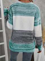 Plus-Size Drop Shoulder Striped Pullover Sweater - Stretchy Oversized Knit Long Sleeve Crew Neck for Fall Winter