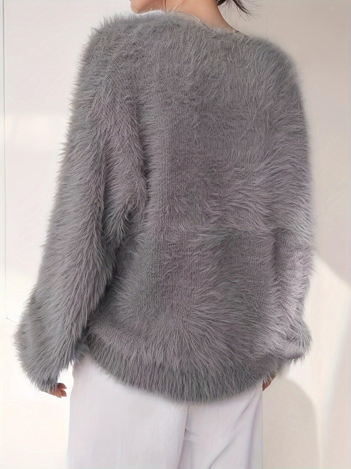 Women's Plus Size Faux Mink Long Fur Pullover Sweater, Crew Neck Polyester Knit, Stretch, All-Season