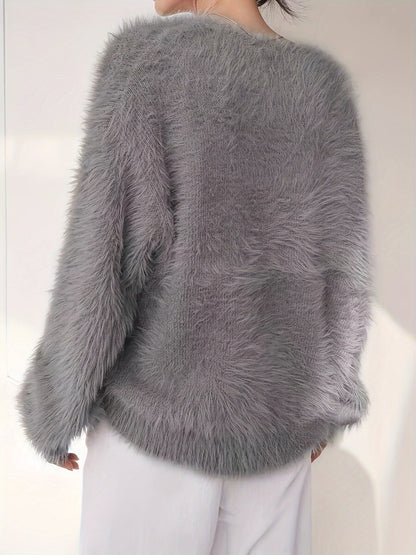 Women's Plus Size Faux Mink Long Fur Pullover Sweater, Crew Neck Polyester Knit, Stretch, All-Season