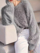 Women's Plus Size Faux Mink Long Fur Pullover Sweater, Crew Neck Polyester Knit, Stretch, All-Season