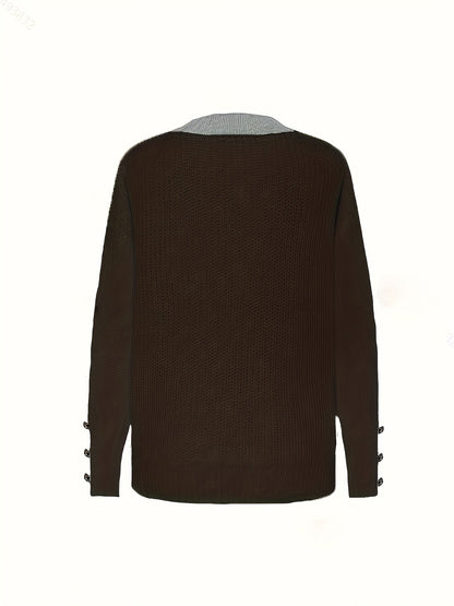 Plus Size Oversized Women's Sweater - Soft Knit Pullover with Button Front Placket, Long Sleeve Crew Neck for Fall/Winter