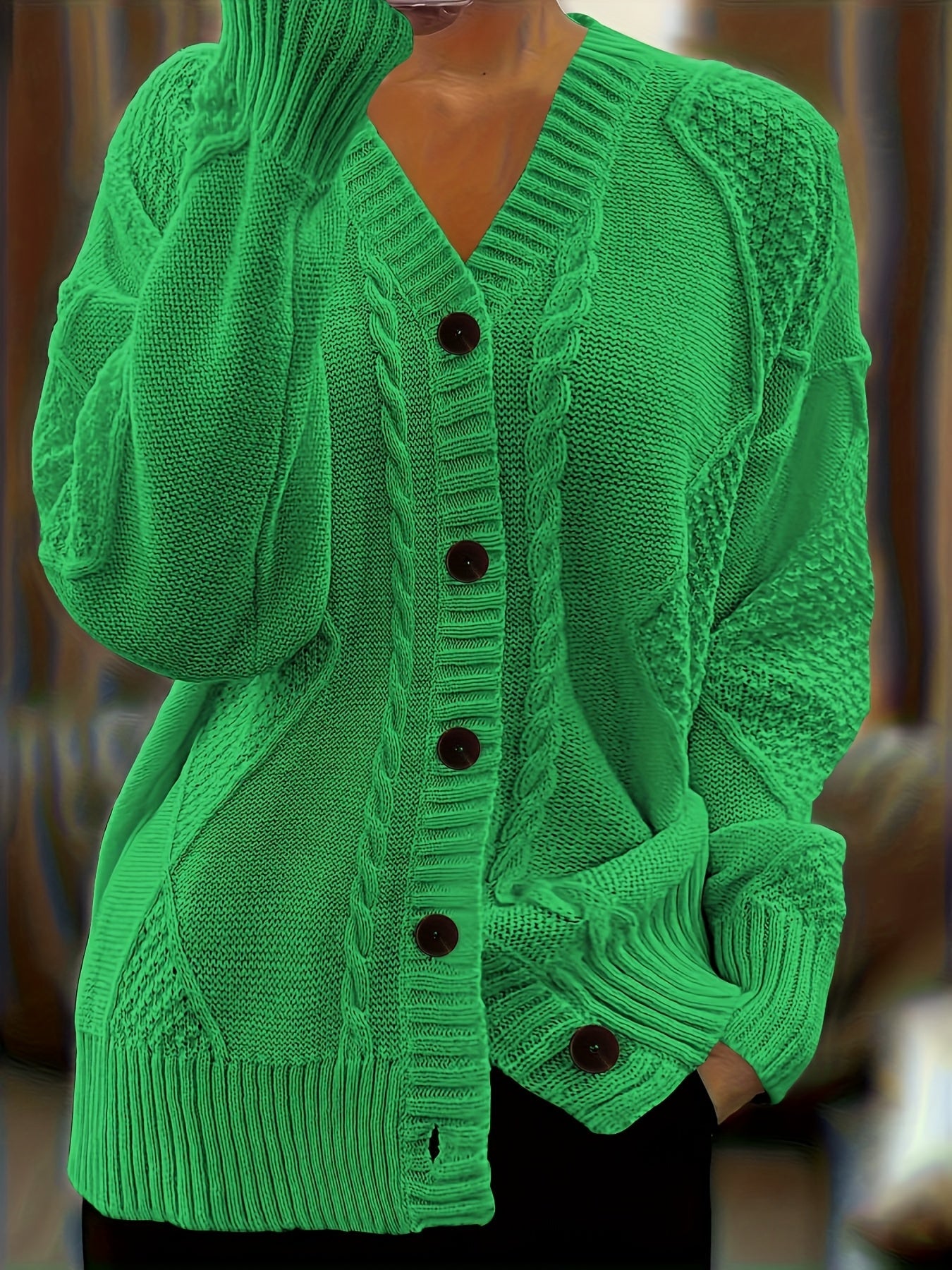 Plus Size Twist-Front Button Cardigan Sweater – V-Neck Long Sleeve Casual Knit