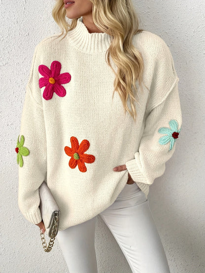 Plus Size Floral Applique Knit Sweater – Women's Long Sleeve High Neck Pullover for Fall & Winter