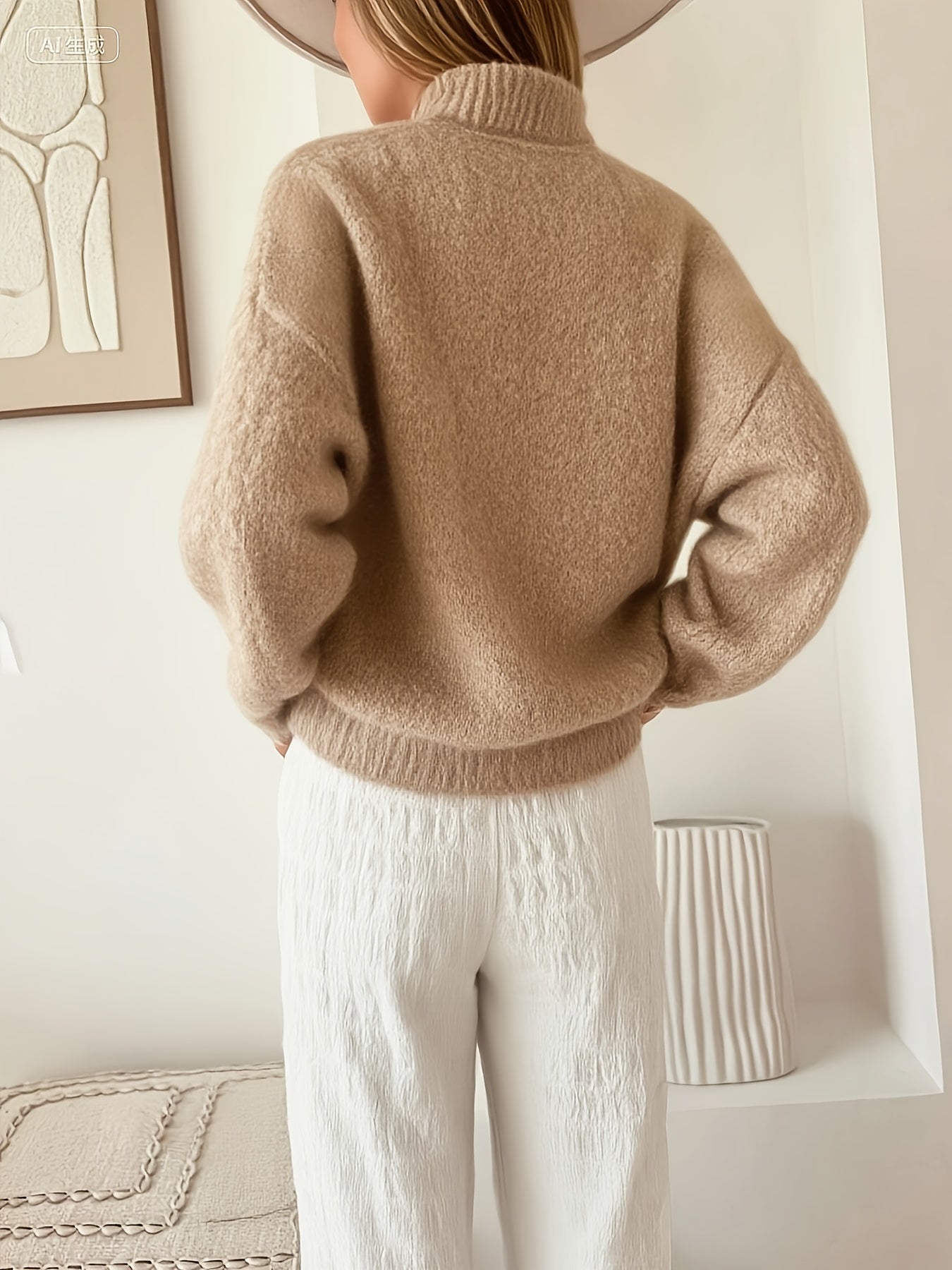 Plus Size Women's Elegant Button-Front Sweater, Soft Long Sleeve High Neck Knit Pullover for Office & Everyday