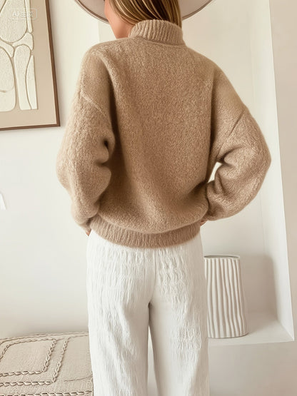 Plus Size Women's Elegant Button-Front Sweater, Soft Long Sleeve High Neck Knit Pullover for Office & Everyday