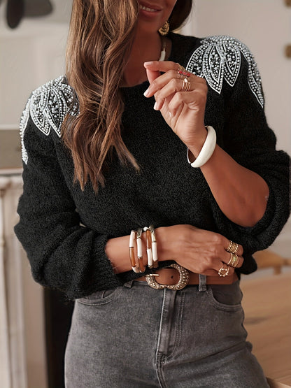 Plus Size Women's Stretch Knit Sweater with Beaded Shoulder Accents – Oversized Crewneck Pullover, Long Sleeve for Fall/Winter