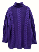 Women's Plus Size High-Neck Cable Knit Sweater - Long Sleeve Solid Pullover, Soft Warm Fall Winter Top