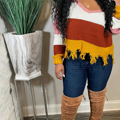 Plus Size Women's V-Neck Striped Frayed Hem Sweater, Drop Shoulder Loose Fit Pullover, All-Season Knit