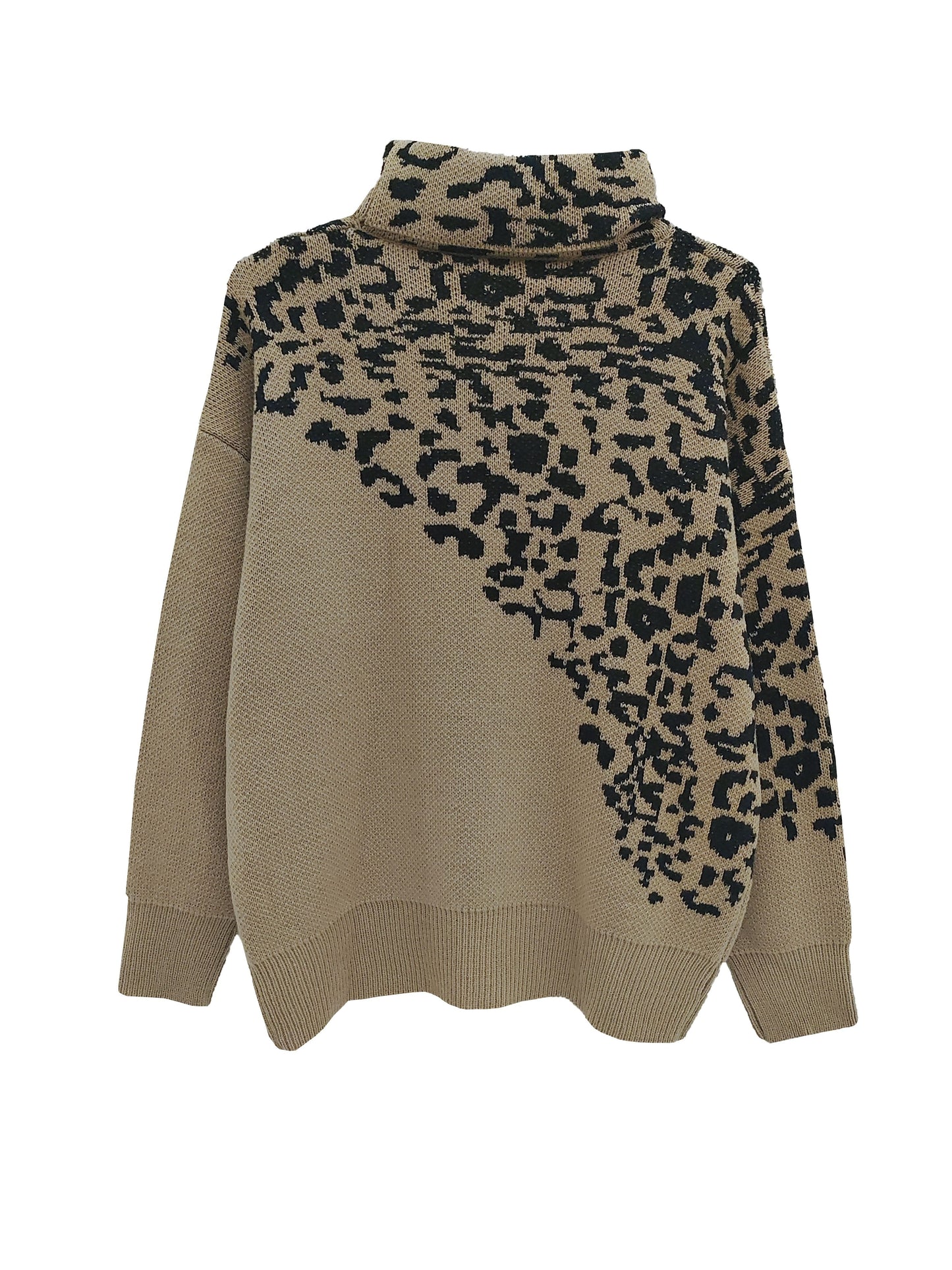 Plus Size Leopard Print Sweater - Cozy Acrylic High-Neck Pullover, Long Sleeve Oversized Knit for Fall Winter