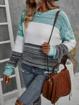 Plus-Size Drop Shoulder Striped Pullover Sweater - Stretchy Oversized Knit Long Sleeve Crew Neck for Fall Winter