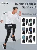 Men's Elastic Compression Bodybuilding Sportswear Gym Fitness Shirts Long-Sleeved Workout Clothes Tights Pants and Running Track